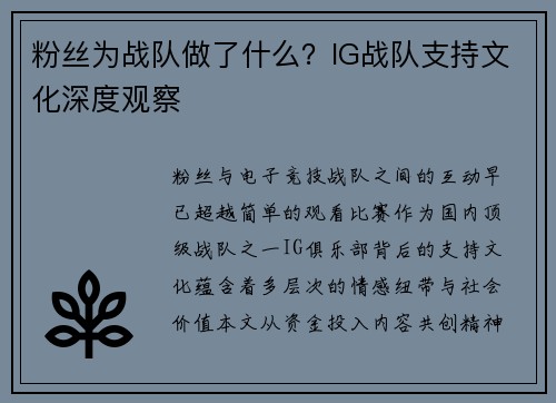 粉丝为战队做了什么？IG战队支持文化深度观察