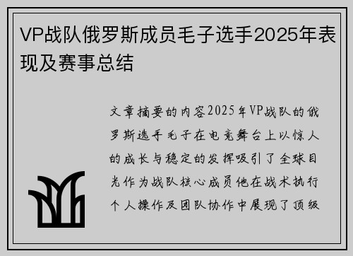 VP战队俄罗斯成员毛子选手2025年表现及赛事总结
